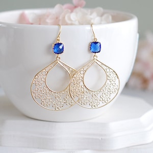 Cobalt Blue Earrings, Gold Filigree Earrings, Sapphire Blue Dangle Earrings, Blue and Gold Chandelier Earrings, Boho Bohemian Jewelry