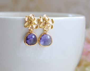 Gold Flower Amethyst Purple Glass Post Earrings. Gold Framed Amethyst Purple Drop Earrings. 925 Sterling Silver Ear Post