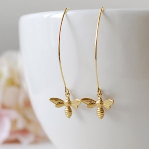 Gold Bee Earrings. Gold Plated Brass Bee Long Dangle Earrings. Bee Jewelry. Spring Summer Bee Accessory