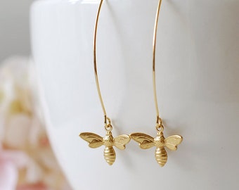 Gold Bee Earrings. Gold Plated Brass Bee Long Dangle Earrings. Bee Jewelry. Spring Summer Bee Accessory