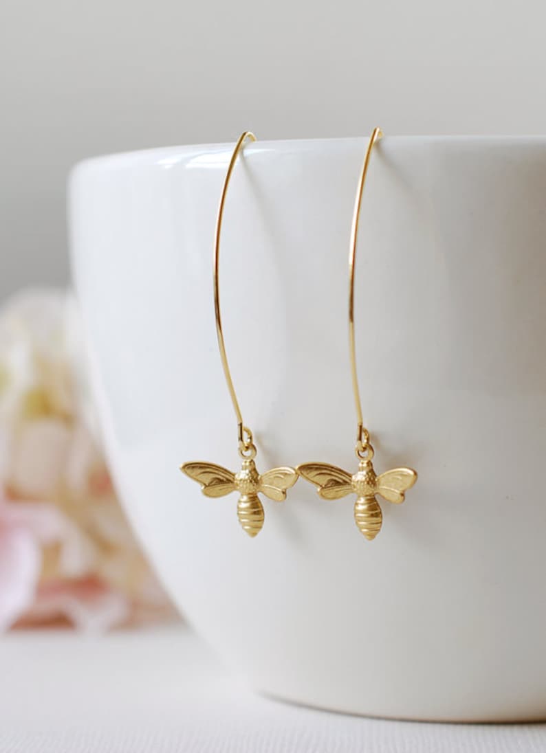 Gold Bee Earrings. Gold Plated Brass Bee Long Dangle Earrings. Bee Jewelry. Spring Summer Bee Accessory image 1