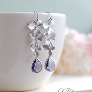 Matte Silver Orchid Flowers Trio Purple Tanzanite Teardrop Glass Earrings. Wedding Jewelry, Bridal Earrings, Bridesmaid Gift Earrings