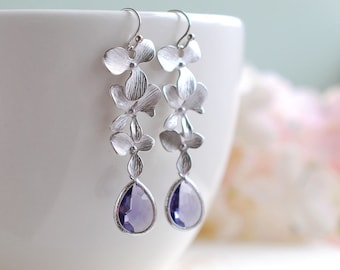 Matte Silver Orchid Flowers Trio Purple Tanzanite Teardrop Glass Earrings. Wedding Jewelry, Bridal Earrings, Bridesmaid Gift Earrings