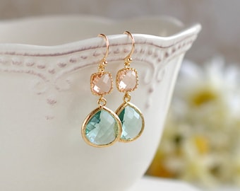 Peach and Aqua Earrings. Champane Erinite Aqua Blue Crystal Glass Dangle Earrings,Gold framed Glass Drop Earrings, Peach Aqua Wedding