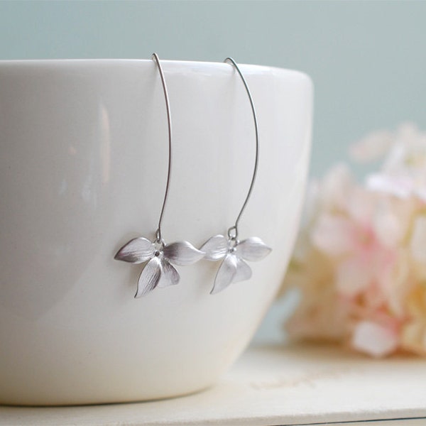 Silver Orchid Earrings. Matte Silver Flower Long Dangle Earrings. Modern Everyday Earrings. Silver Bridal Earrings, Bridesmaid Gift