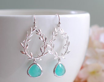 Silver Laurel Wreath Aqua Blue Framed Glass Dangle Earrings, Chandelier Earrings, Drop Earrings, Wedding Jewelry, Bridesmaid Earrings Gift