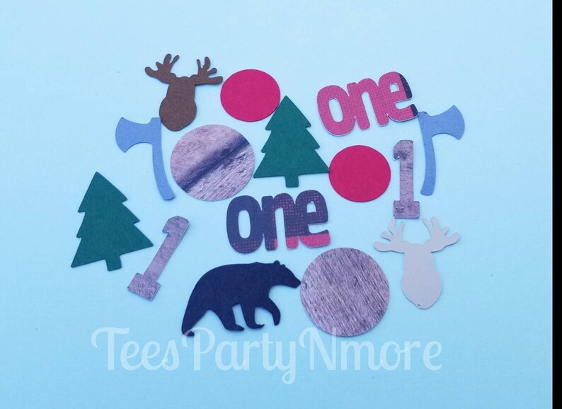 Deer Bears Trees Axe Cake Table Decor Table Confetti Red and Black Plaid Buffalo Plaid Confetti Lumberjack Confetti