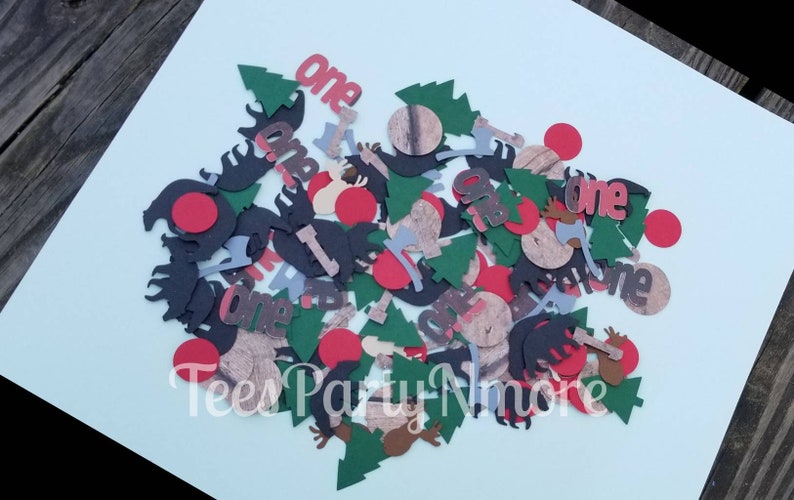 Deer Bears Trees Axe Cake Table Decor Table Confetti Red and Black Plaid Buffalo Plaid Confetti Lumberjack Confetti