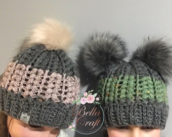 Handmade Adult size Crochet Hat/Crochet Beanie with Faux Fur Pom Pom