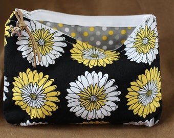 Makeup/Cosmetic Bag - Black with Yellow/White flowers