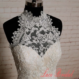 Special Lace Wedding Dress with High Collar Neck Sheath Style Wedding Dress with Champagne Lining Sleeveless Bridal Gown with Chapel Train