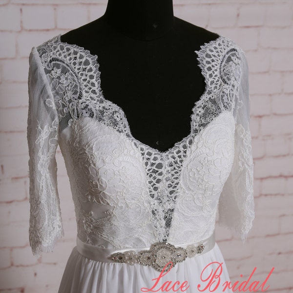 Deep V Neckline Wedding Dress with 3/4 Sleeves Sheer V Back Bridal Gown with Beading Belt Ivory A-line Chiffon Wedding Dress
