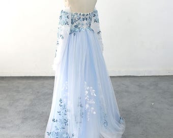 Ivory Chiffon A-line Wedding Dress: Royal Blue Lace Applique - Etsy