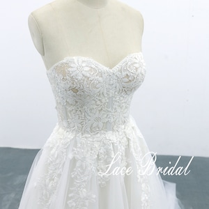 Wedding dress, bohemian sweetheart neckline bridal gown, a-line wedding dress, lace wedding dress with long train