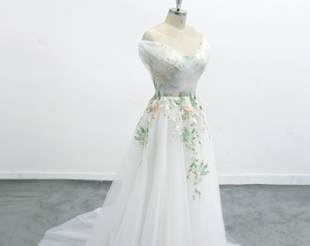 Forest Fairy Wedding Dress, Off Shoulder Sleeve Flowing Wedding Dress Green Lace Wedding Dress