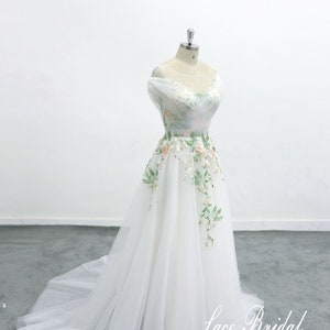 Forest Fairy Wedding Dress, Off Shoulder Sleeve Flowing Wedding Dress Green Lace Wedding Dress