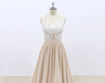 Beige Underlay Boho Wedding Dress with Scoop Neckline and Sheer Back Bohemian Lace Wedding Dress Summer Wedding Dress