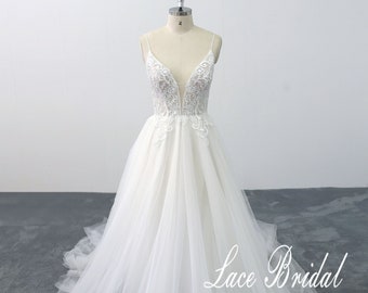 Deep V Wedding Dress, Spaghetti Strap Wedding Dress, Ivory Wedding Dress, Lace Wedding Dress, Backless Bridal Dress