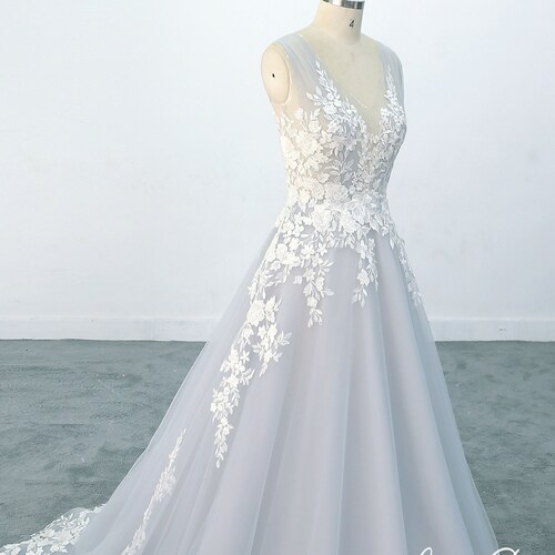 A Line Boho Wedding Dress With Sheer V Cut Back Dusty Blue Etsy