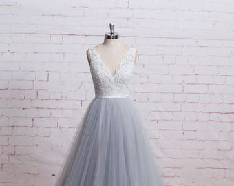 A Line Boho Wedding Dress with Sheer V Cut Back Dusty Blue Tulle Wedding Dress with Ribbon Lace Wedding Dress with Beadings