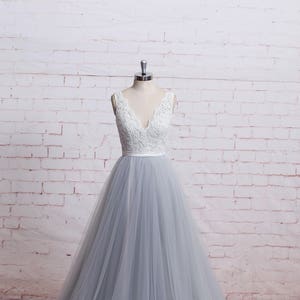 A Line Boho Wedding Dress with Sheer V Cut Back Dusty Blue Tulle Wedding Dress with Ribbon Lace Wedding Dress with Beadings