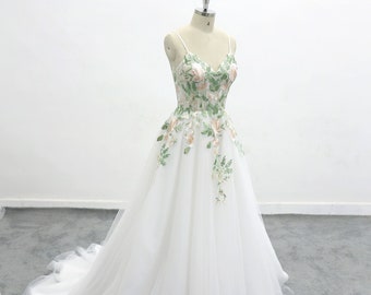 Forest Fairy Wedding Dress,  Green Lace Wedding V-neck backless sexy wedding dress spaghetti strap wedding dress