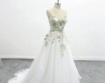 Romantic Forest Style Lightweight Wedding Dress, Green Lace Outdoor Bridal Gown