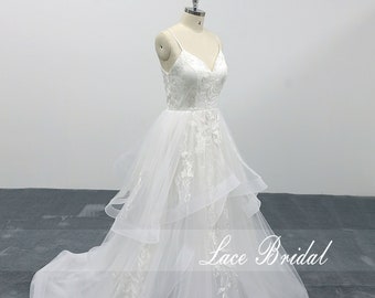 Elegant lace wedding dress with layered a-line shape, thin straps, fairytale wedding dress, deep v-cut shape back, horse Hair wedding dress