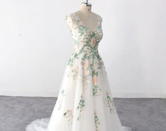Forest Fairy Wedding Dress, Custom made A-line tulle lace wedding dress Green Lace Wedding Dress elegant wedding dress