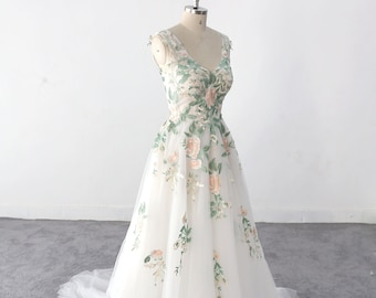 Custom Green Lace Wedding Dress, A-Line Tulle Bridal Gown