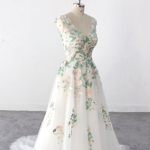 Forest Fairy Wedding Dress Green Lace Wedding Custom Wedding Etsy