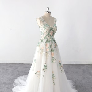 Forest Fairy Wedding Dress, Custom made A-line tulle lace wedding dress Green Lace Wedding Dress elegant wedding dress