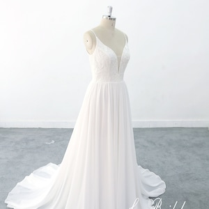 Simple Ivory A-line Chiffon Lace Wedding Dress, Spaghetti Straps Wedding Dress with Deep Neckline