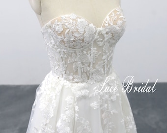 Lace corset wedding dress bohemian wedding dress a line wedding dress romantic bridal dress bustier corset with cups