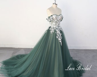 One-shoulder dress Ivory lace wedding dress , dark green tulle wedding gown, full length delicate dress, ball gown wedding dress