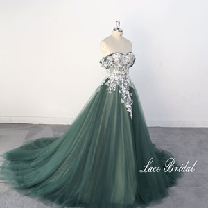 One-shoulder dress Ivory lace wedding dress , dark green tulle wedding gown, full length delicate dress, ball gown wedding dress