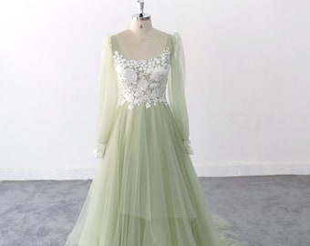 Lace Wedding Dress Sage Green Wedding Dress Romantic Style - Etsy