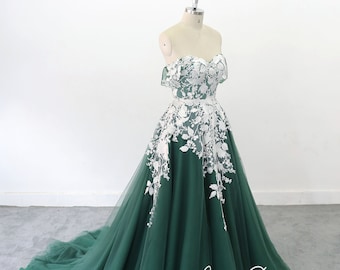 Custom A-Line Lace Tulle Wedding Dress, Dark Green Evening Gown