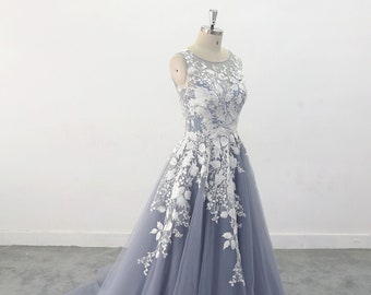 Bohomian wedding Gown  A-line Dusty Blue Tulle Lace wedding dress, Romantic Lace Wedding Gown,