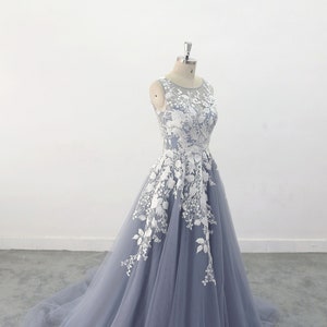 Bohomian wedding Gown  A-line Dusty Blue Tulle Lace wedding dress, Romantic Lace Wedding Gown,