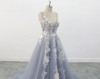 Custom wedding dress Wedding Dress, Dusty Blue Wedding Dress, Flora Lace Wedding Dress