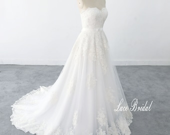 Romantic Aline Tulle Lace Wedding Dress,  Wedding Dress with Sweetheart Illusion Neckline, High Quality Lace Wedding Dress