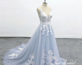 deep V neckline tulle lace wedding dress boho wedding dress with light blue tulle and chapel train