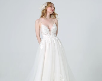 Custom Wedding Dress  Lace Wedding Dress Dreamy Wedding Dress Deep V Bridal Gown