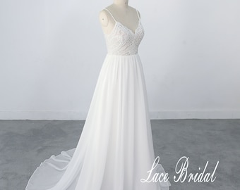 Romantic Aline chiffon lace wedding dress, boho dress, bohemian wedding dress, simple dress with open back