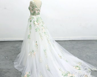 Forest Fairy Wedding Dress,  Green Lace Wedding cathedral wedding dress romantic forest wedding wedding dress