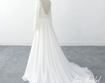 Lace Wedding Dress, Simple Ivory A-line Chiffon Wedding Dress, Modest Wedding Gown with Lace Long Sleeves and Open Back