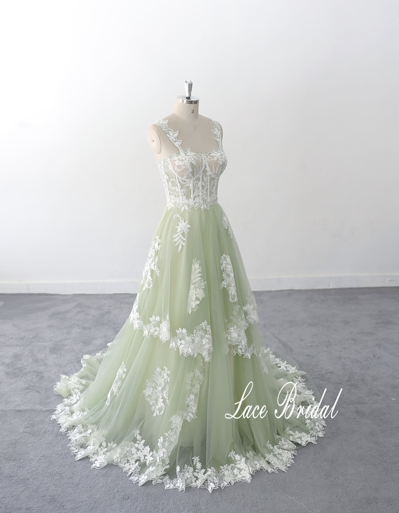 Grass Green Dress Lace Wedding Dress Sage Green Wedding Dress, Bohemian Wedding  Dress Shapewear Wedding Dress -  Canada