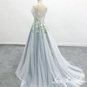 Forest Fairy Wedding Dress, Off Shoulder Sleeve Flowing Wedding Dress Green Lace Wedding Dress Green Lined Wedding Dress image 3
