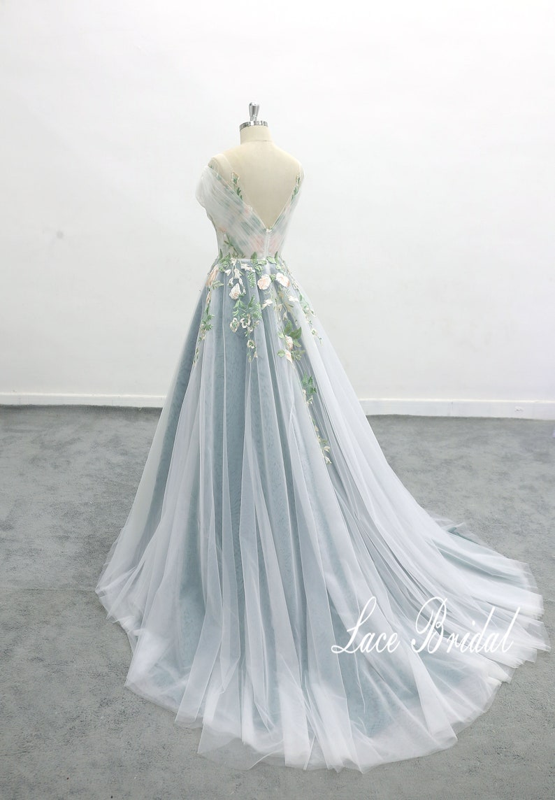 Forest Fairy Wedding Dress, Off Shoulder Sleeve Flowing Wedding Dress Green Lace Wedding Dress Green Lined Wedding Dress image 3